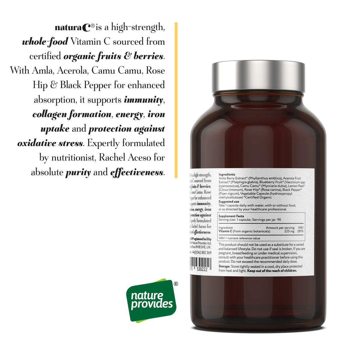 naturaC® | Organic Whole Food Vitamin C (225mg) 90 Capsules