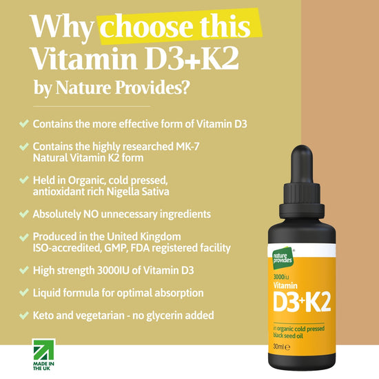 Liquid Vitamin D3 (3000IU) & K2 (MK - 7, 100% trans) in Organic Black Seed Oil / Nigella Sativa - 30ml - Nature Provides