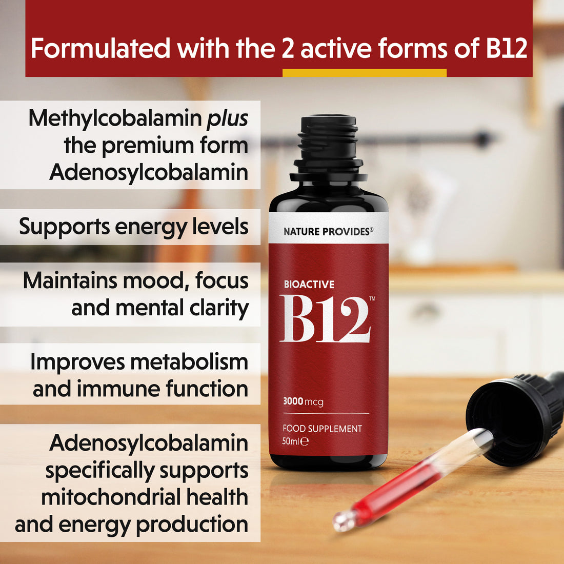 Naturen ger flytande vitamin B12 (Bioactive B12, 3000 mcg) Tillverkad i Storbritannien - 50ml