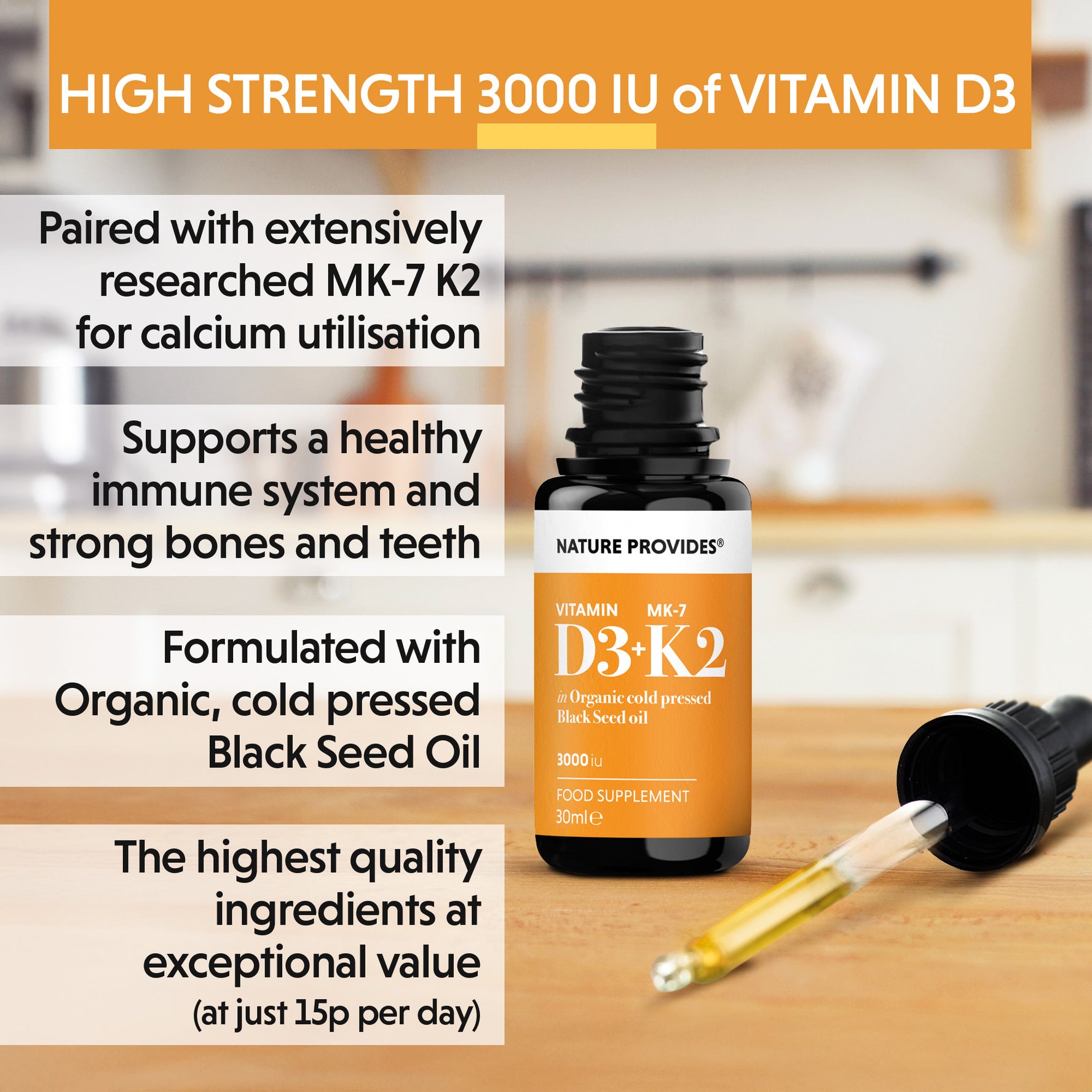 Flytande Vitamin D3 (3000IU) & K2 (MK-7, 100% trans) i Ekologisk Svartkumminolja / Nigella Sativa - 30ml