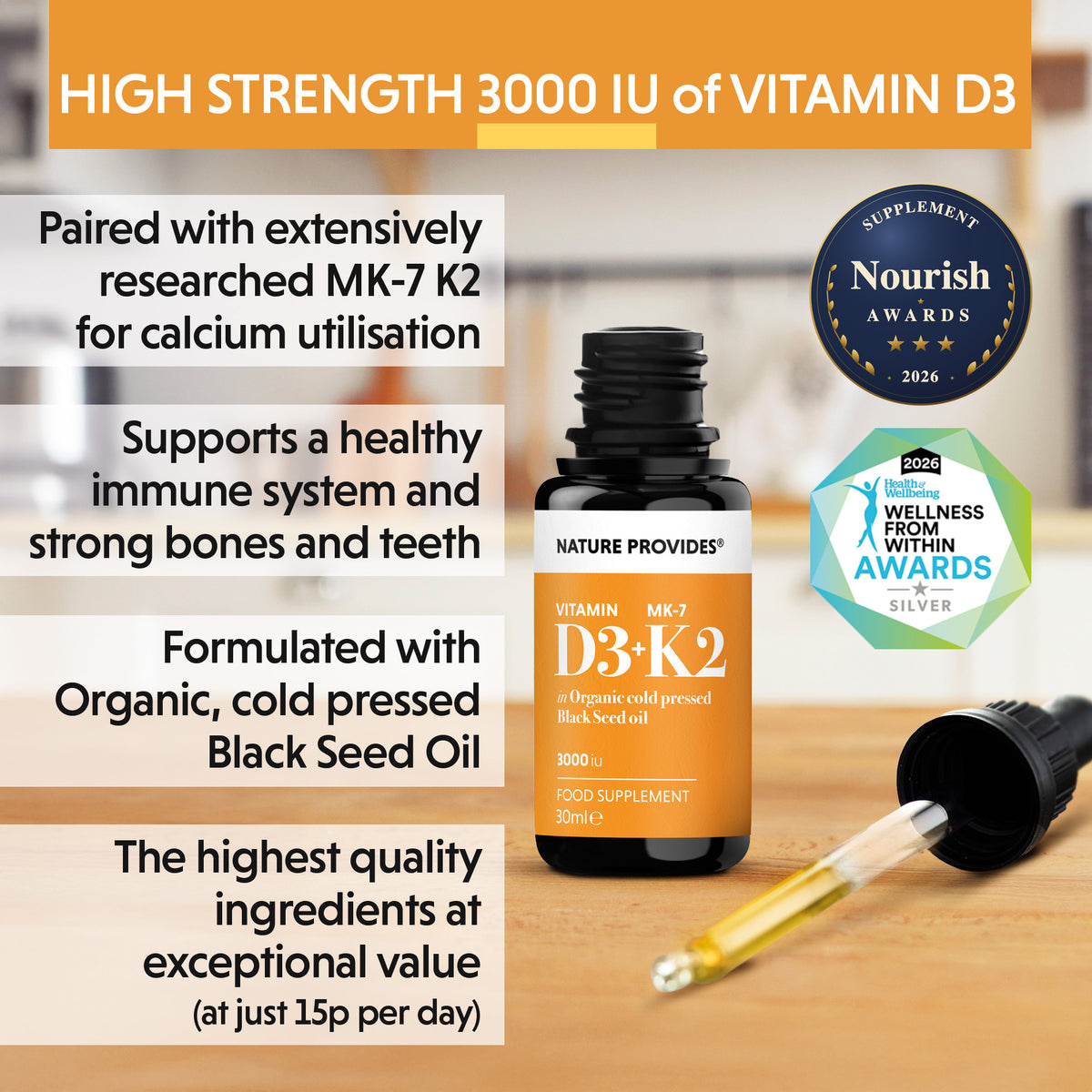 D3+K2 (3000IU) Flytande Vitamin D3 & K2 (MK7) i Ekologisk Svartkumminolja - 30ml