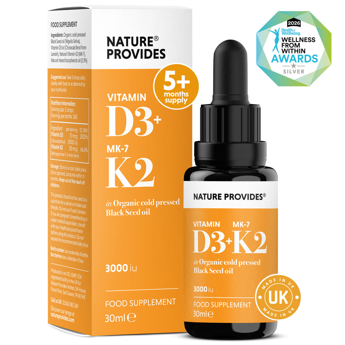 D3+K2 (3000IU) Flytande Vitamin D3 & K2 (MK7) i Ekologisk Svartkumminolja - 30ml