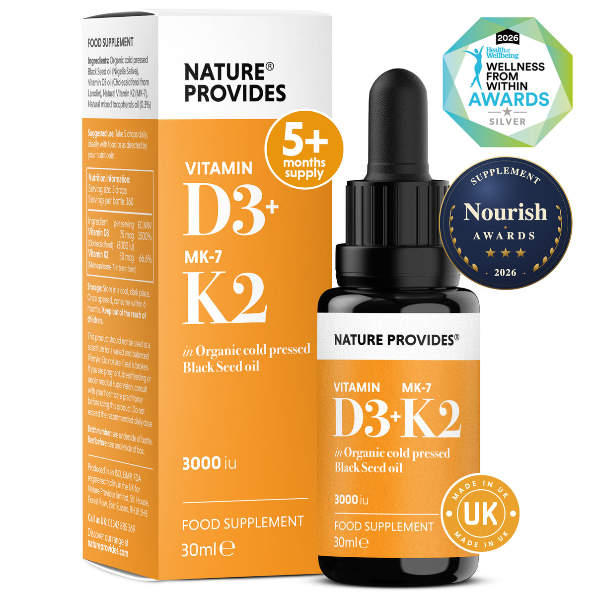 D3+K2 (3000IU) Flytande Vitamin D3 & K2 (MK7) i Ekologisk Svartkumminolja - 30ml