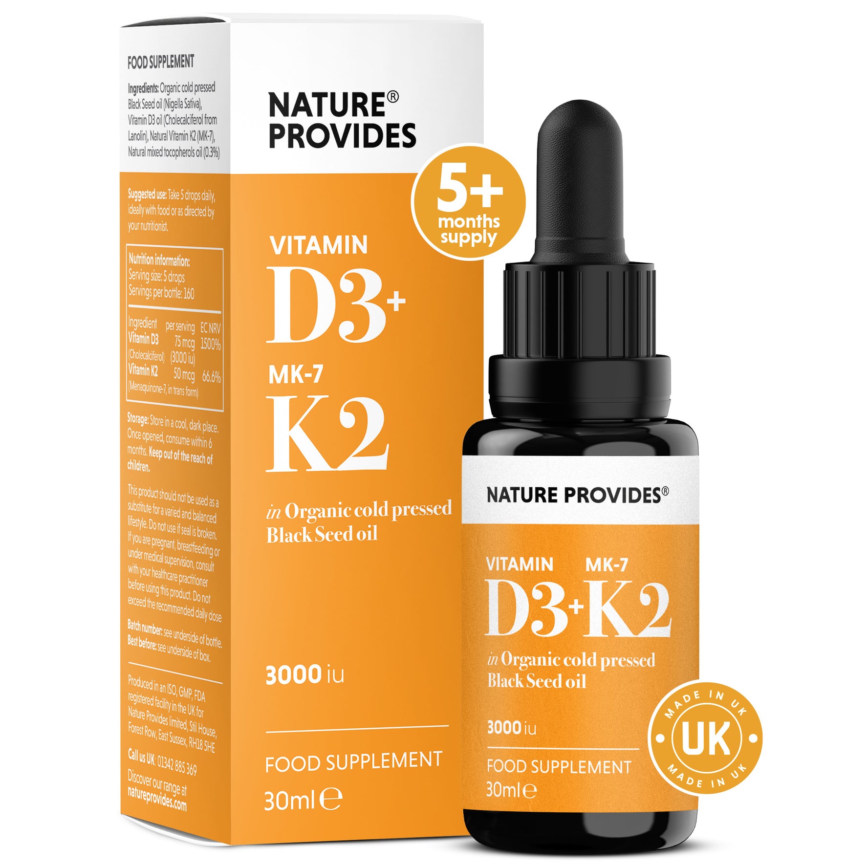 D3+K2 (3000IU) Flytande Vitamin D3 & K2 (MK7) i Ekologisk Svartkumminolja - 30ml