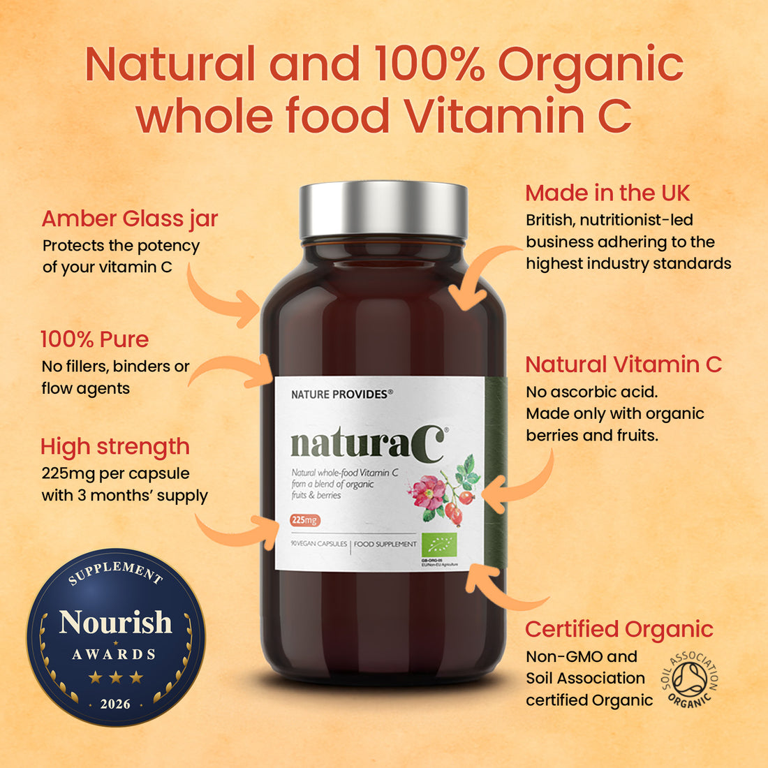 naturaC® (225mg) Ekologiskt Helt Livsmedels Vitamin C - 90 Kapslar