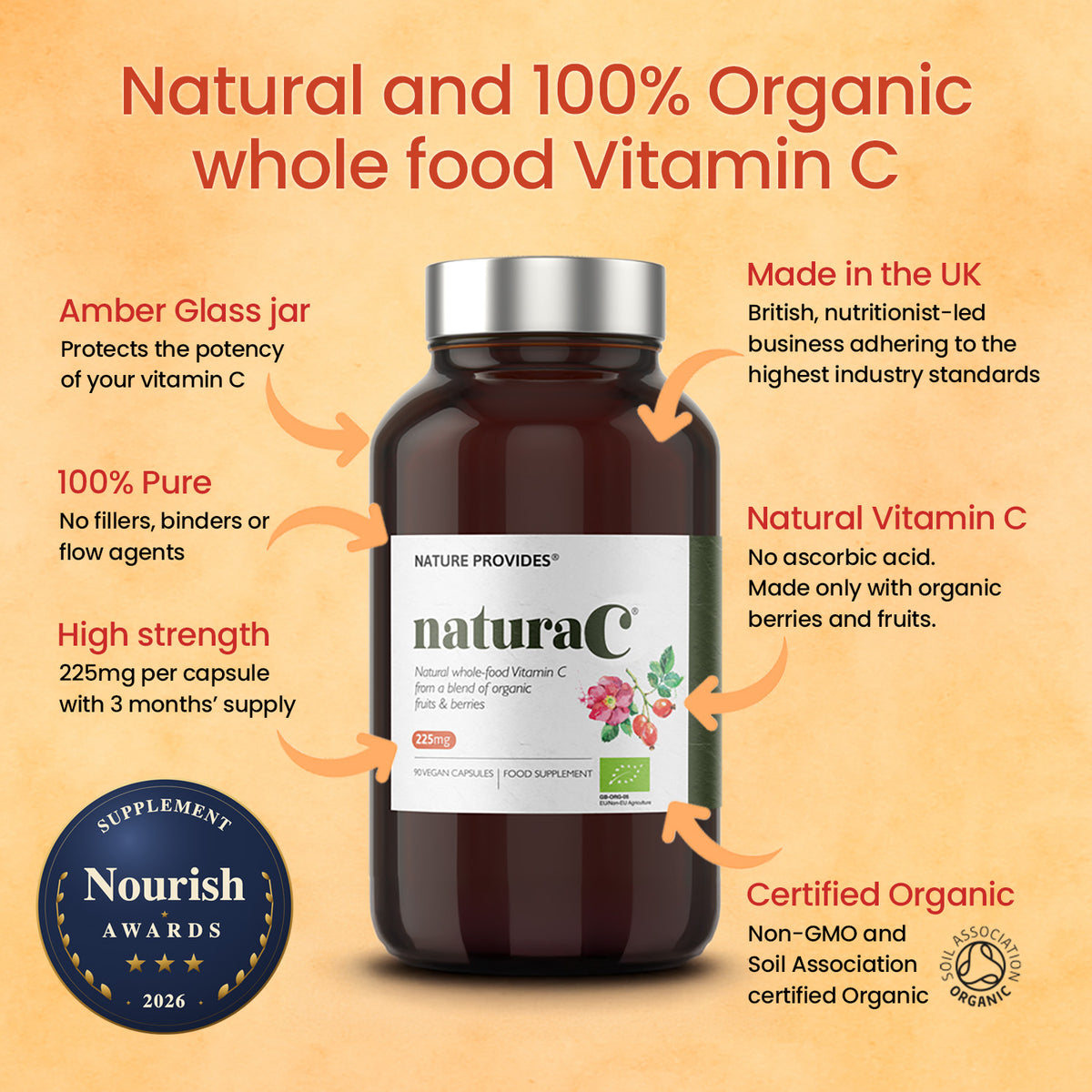 naturaC® (225mg) Ekologiskt Helt Livsmedels Vitamin C - 90 Kapslar
