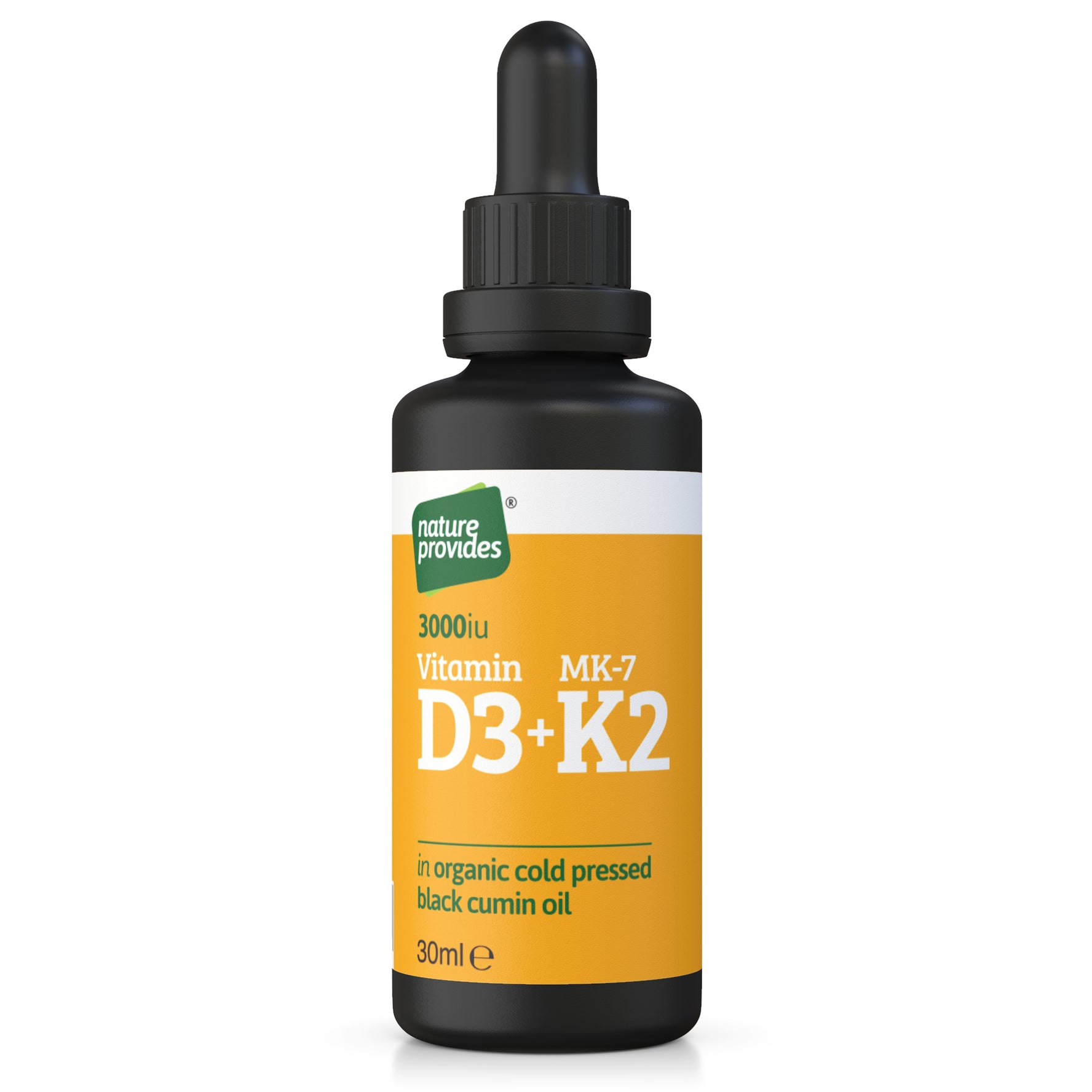 Flytande vitamin D3 (3000 IE) & K2 (MK-7 / MK7 100 % trans) i ekologisk svartfröolja - 30 ml