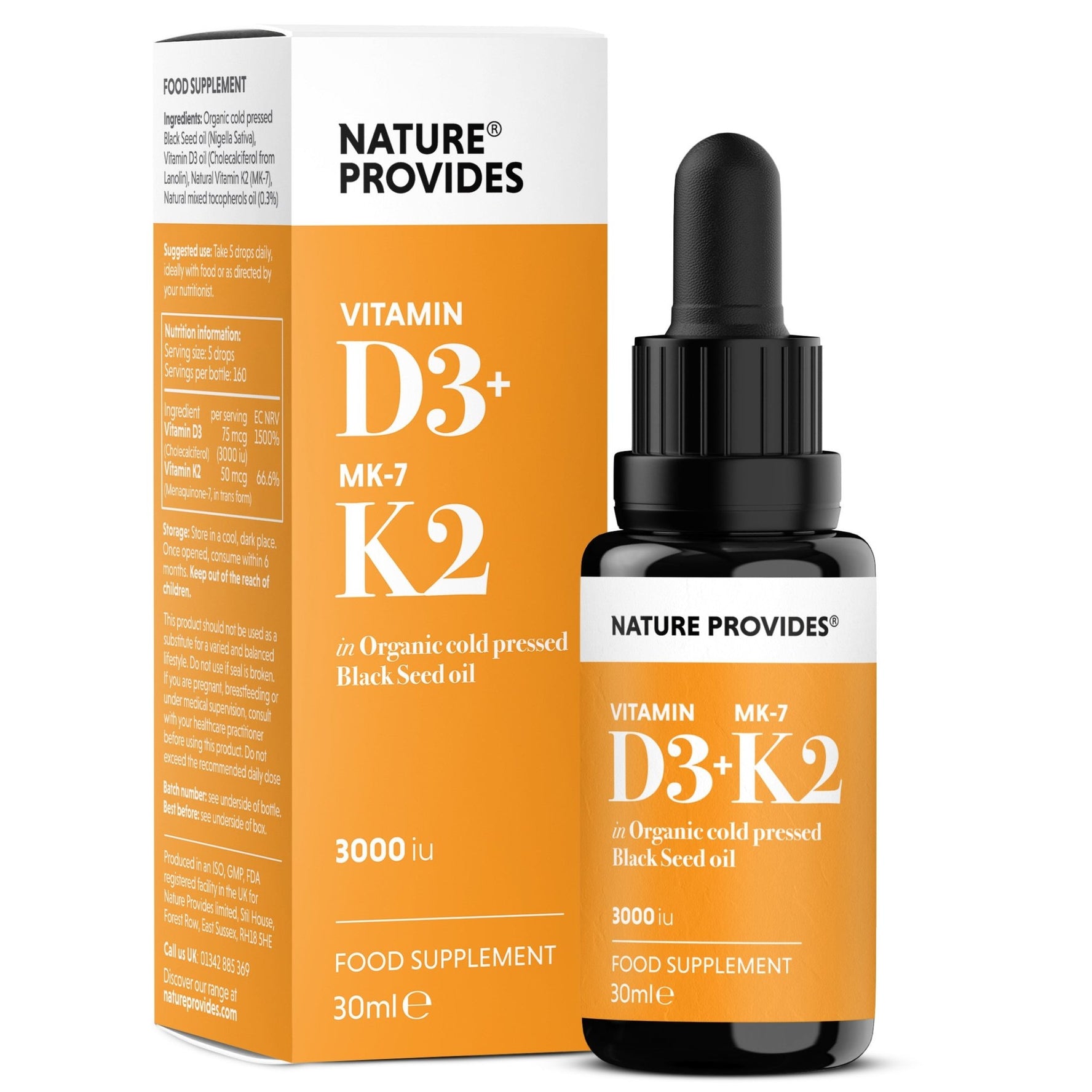 D3+K2 (3000IU) Liquid Vitamin D3 & K2 (MK7) in Organic BlackSeed Oil - 30ml - Nature Provides