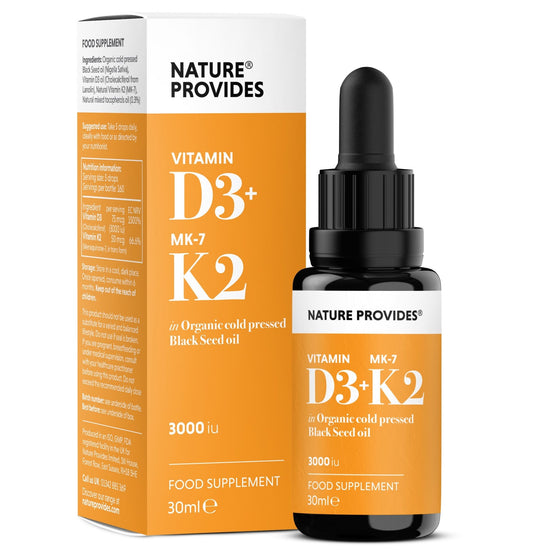 D3+K2 (3000IU) Liquid Vitamin D3 & K2 (MK7) in Organic BlackSeed Oil - 30ml - Nature Provides