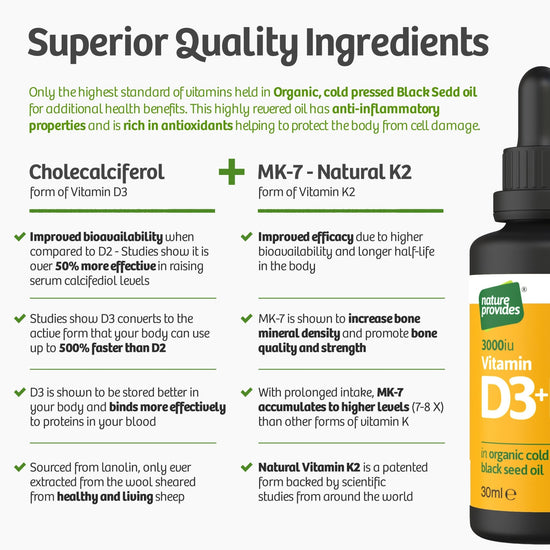 Liquid Vitamin D3 (3000IU) & K2 (MK - 7, 100% trans) in Organic Black Seed Oil / Nigella Sativa - 30ml - Nature Provides