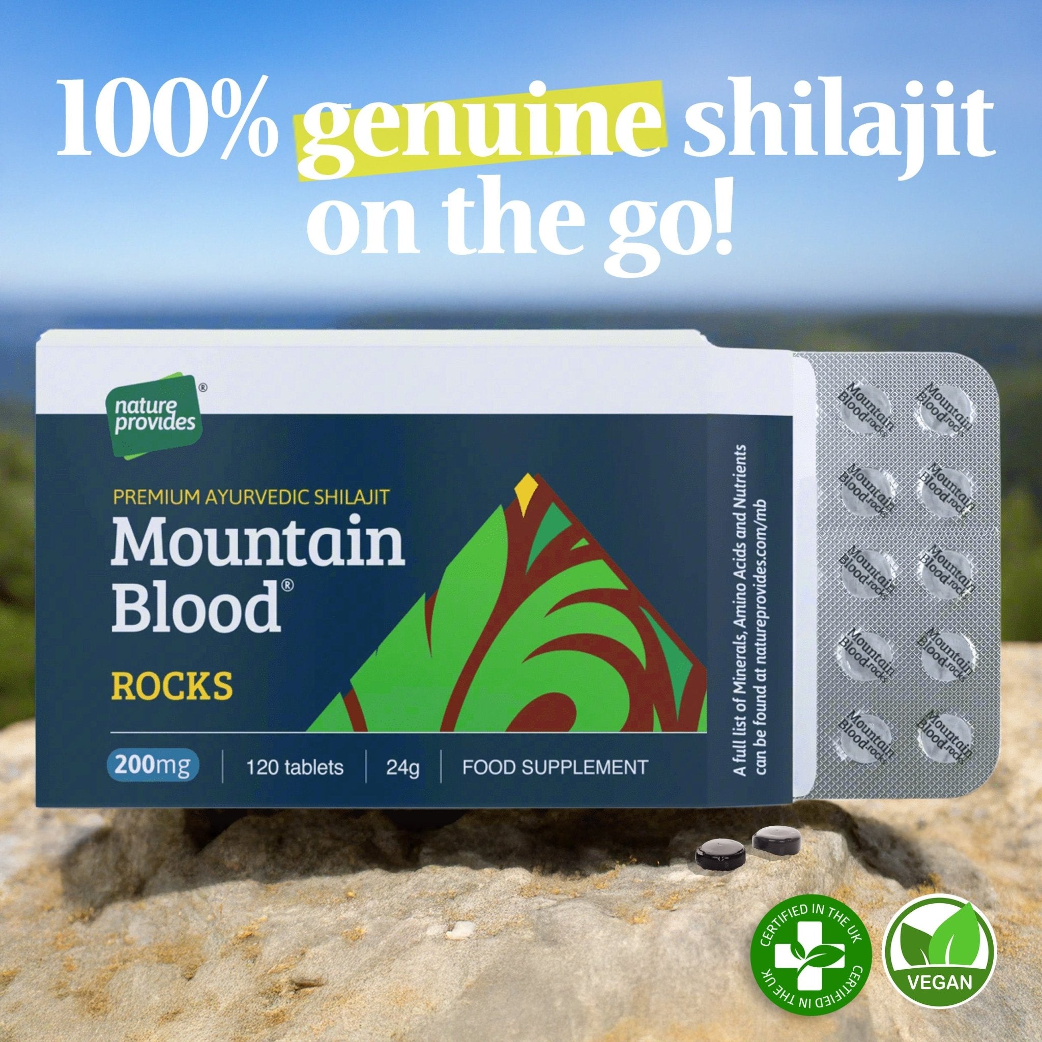 Mountain Blood® Rocks - Premium Ayurvedic Shilajit - 120 x 200mg tablets - Nature Provides