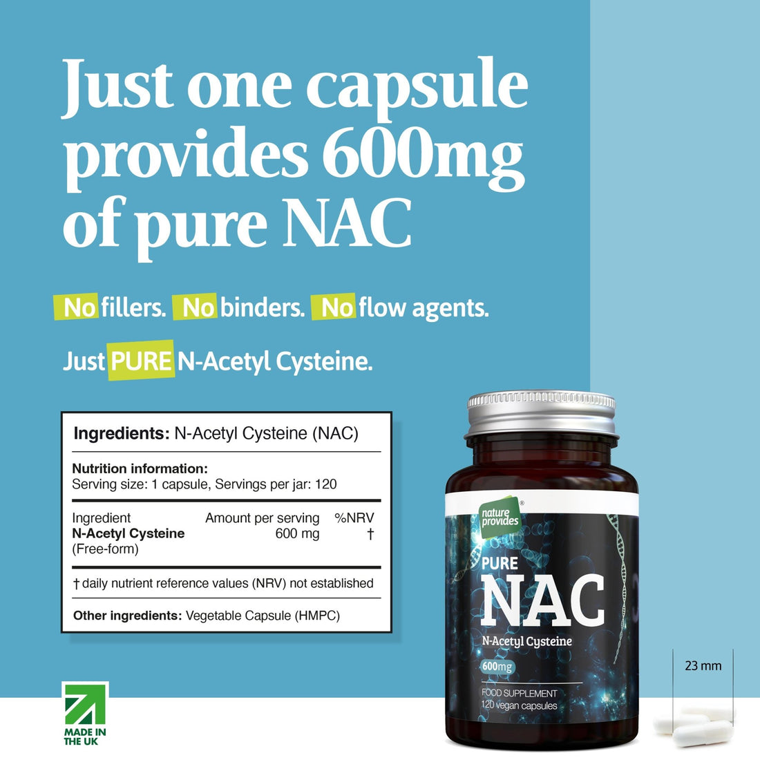 NAC N - Acetyl Cysteine (Free - form and 100% Pure) - 120 Vegan Capsules - Nature Provides